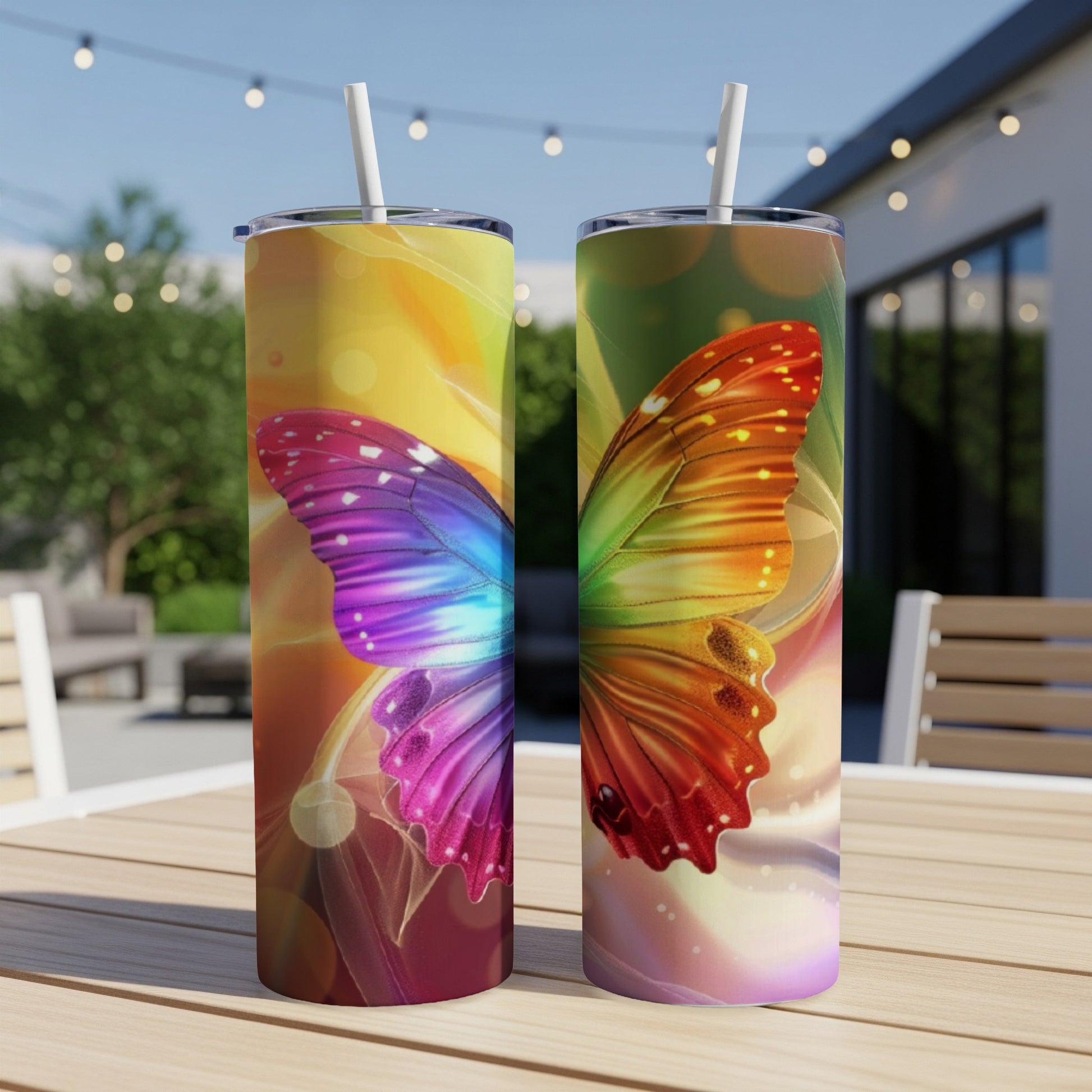 Two tumblers with vibrant butterfly wing designs in purple and orange.