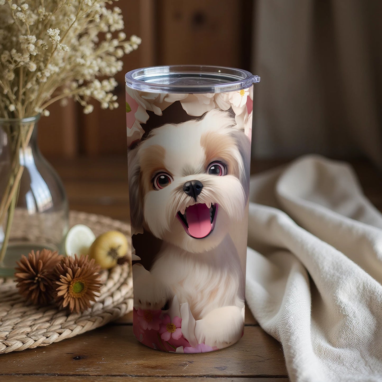 Happy Shih Tzu dog adorable floral design tumbler product type