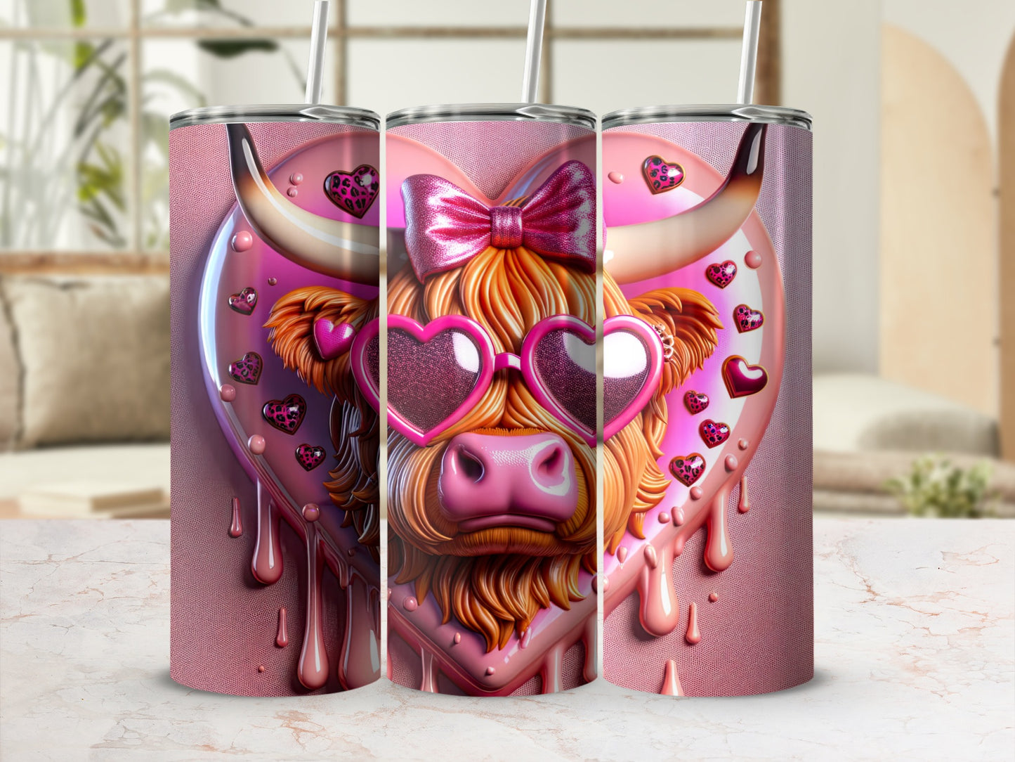 Pink Highland cow with heart sunglasses and bow on three tumblers.