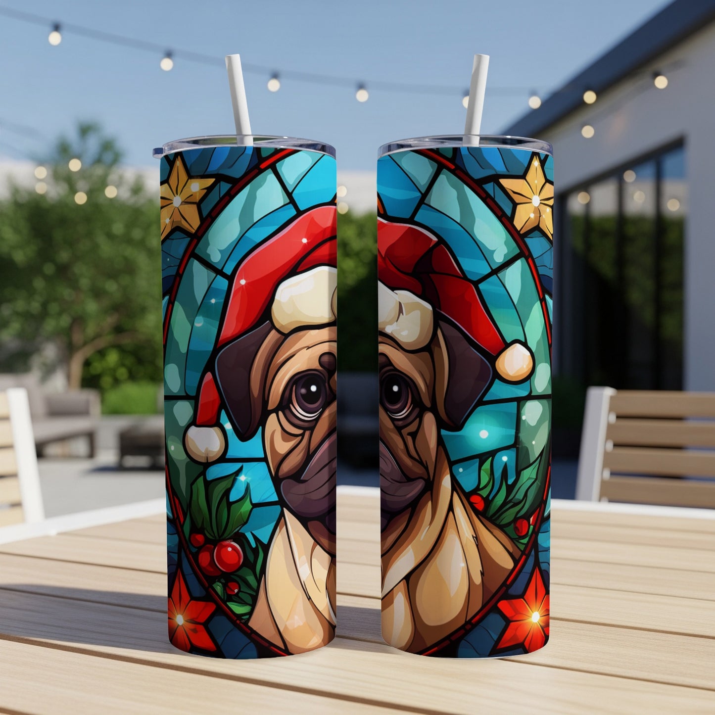 Christmas pug in stained glass style on a white tumbler.