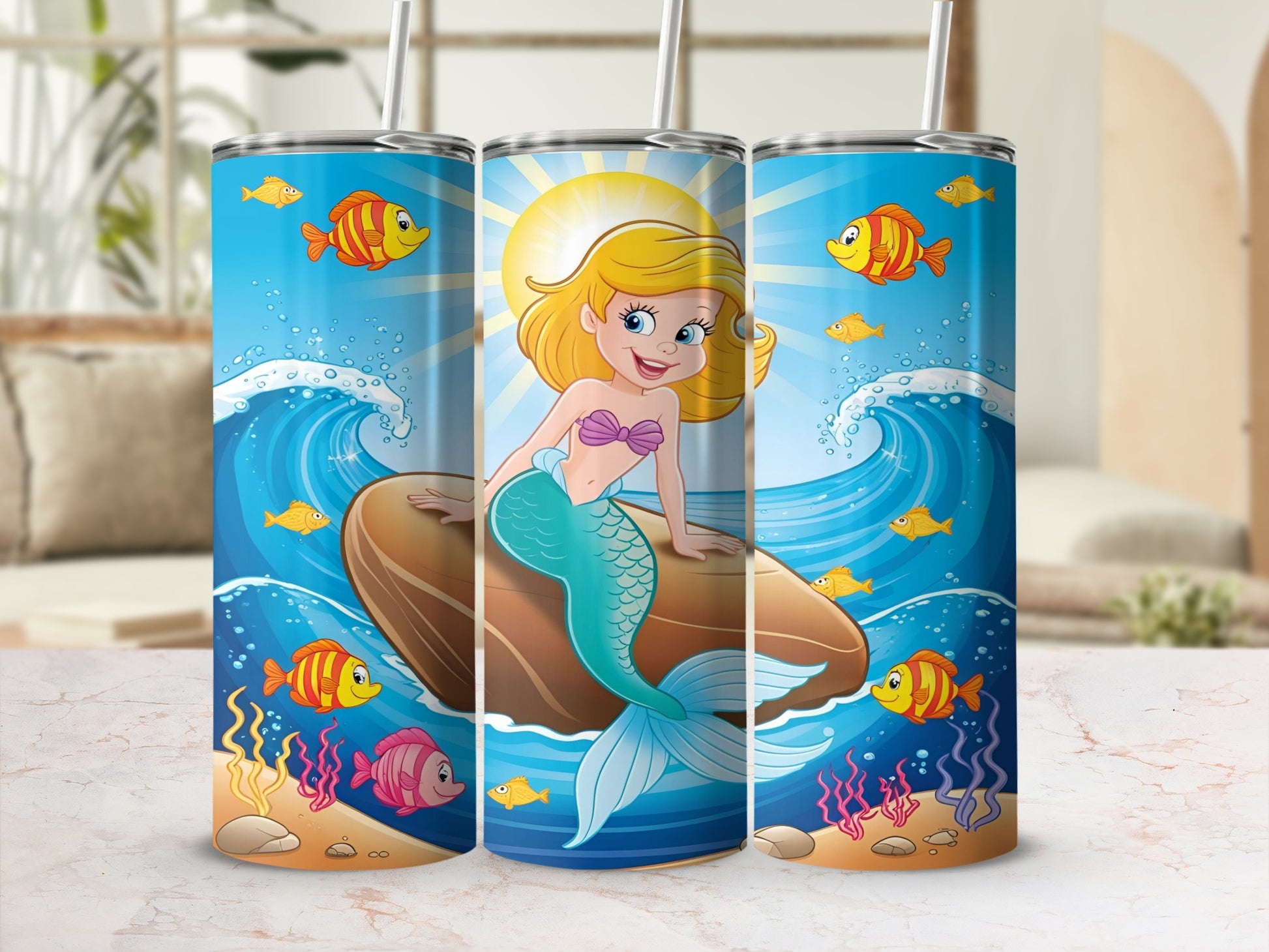 Girl mermaid with blonde hair and teal tail sits on rock with fish.