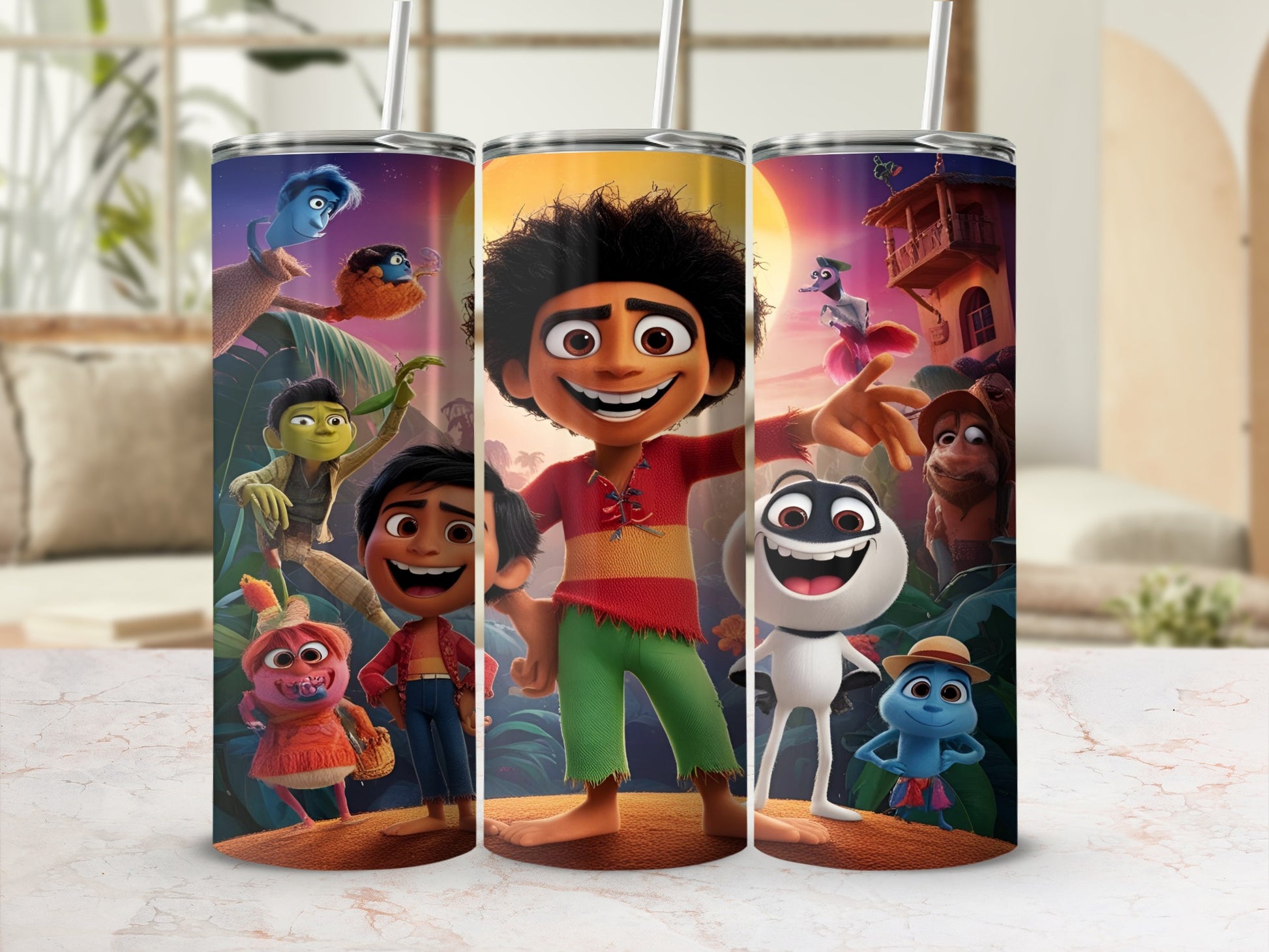 Animated characters from "The Mitchells vs. The Machines" movie on a tumbler.