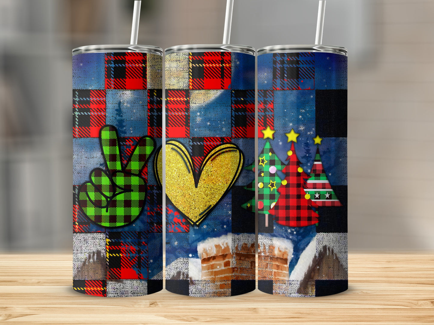Three plaid patterned tumblers with Christmas tree and peace sign designs.