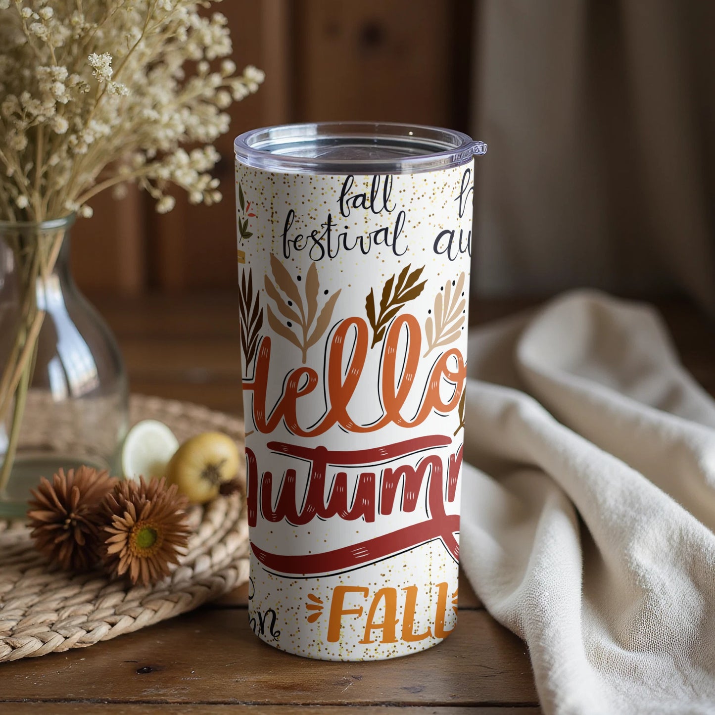 Hello Autumn Fall Festival Floral Design Tumbler Cup
