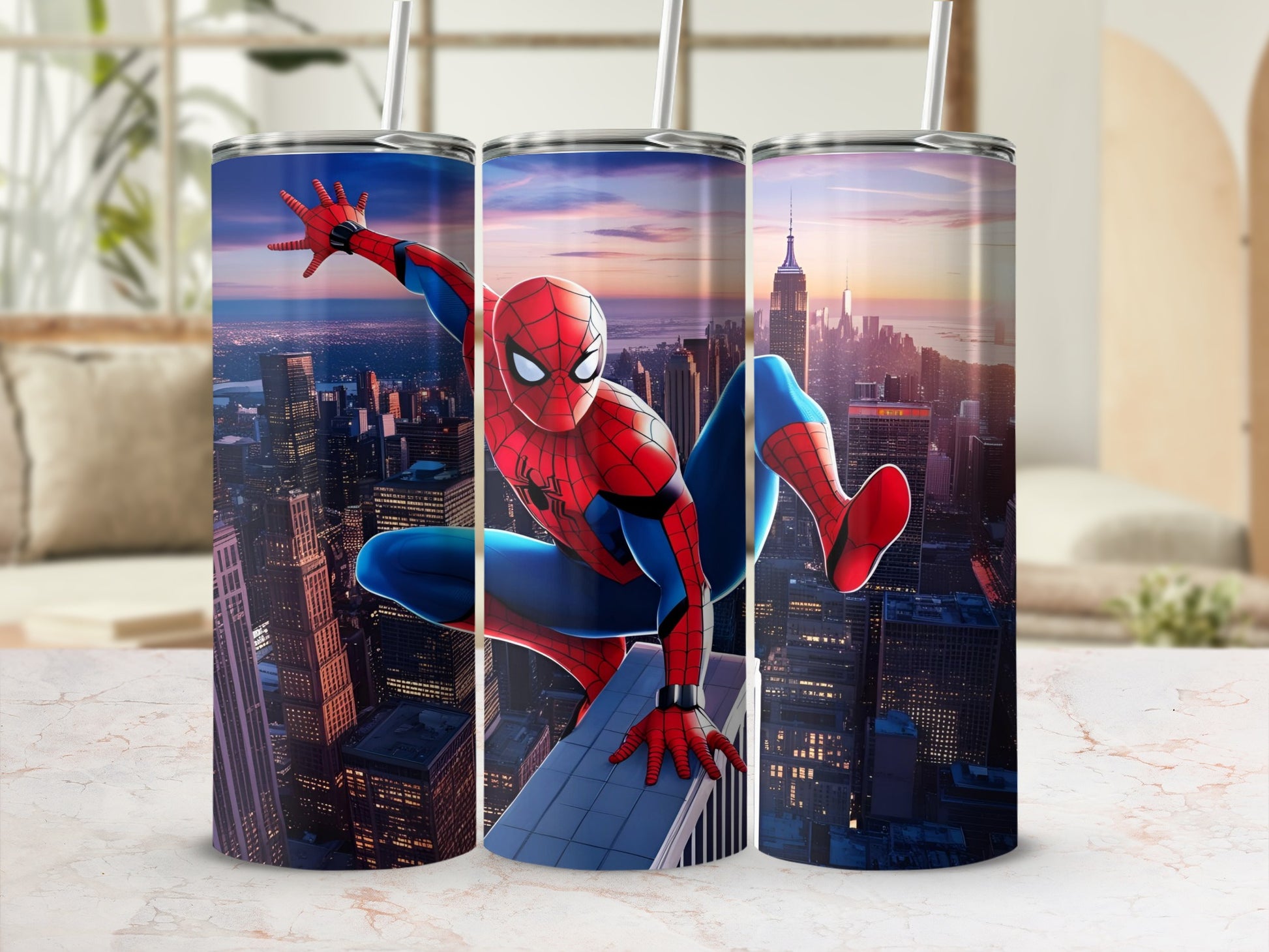 Spiderman leaping across New York City skyline on a tumbler.