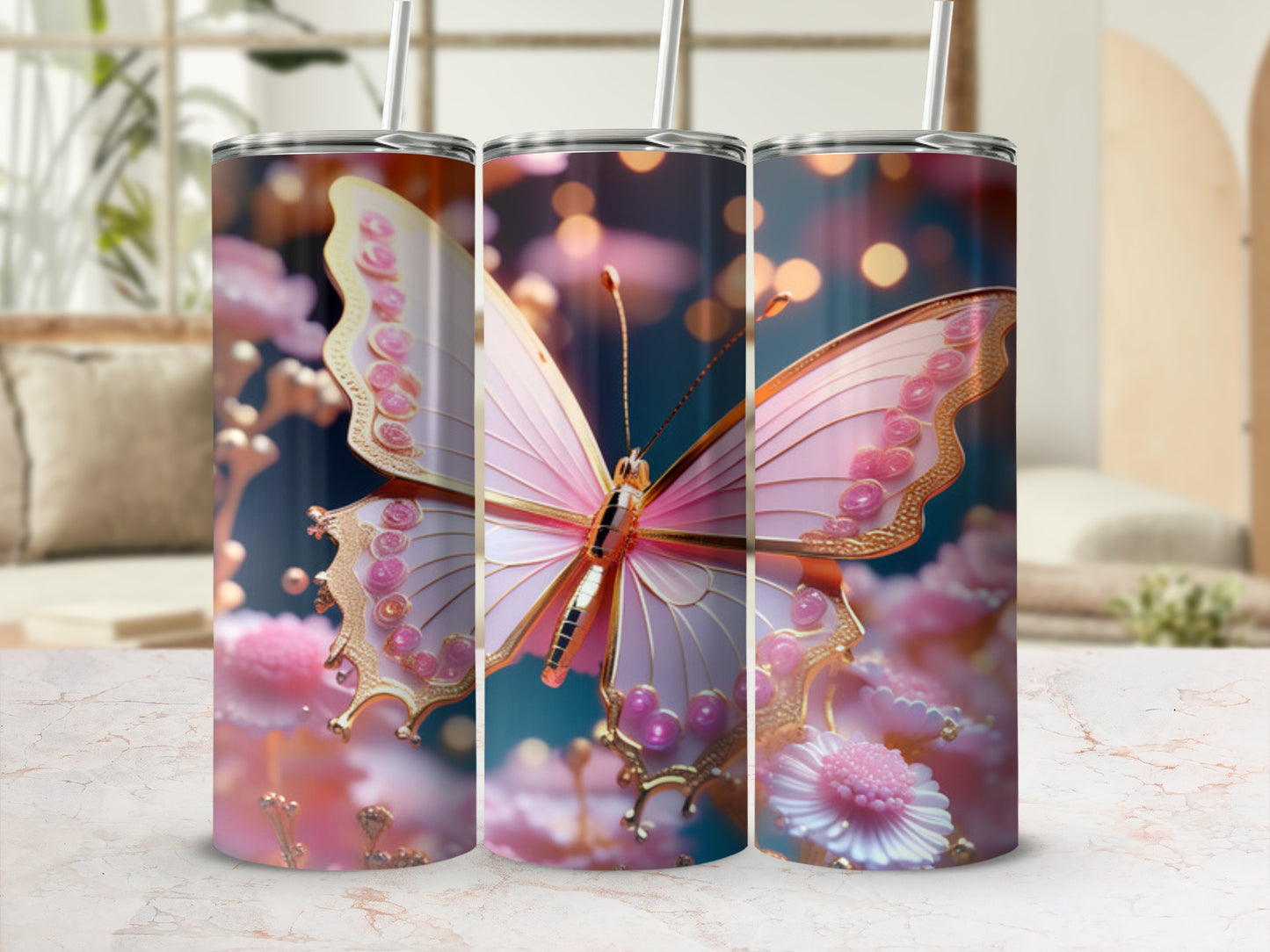 Pink butterfly on floral pattern tumbler with straw.