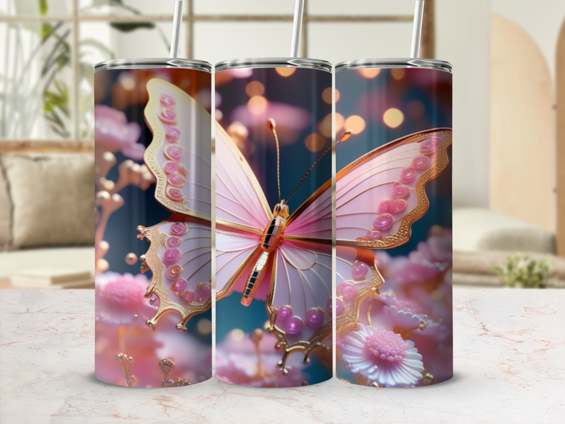 Pink butterfly on floral pattern tumbler with straw.