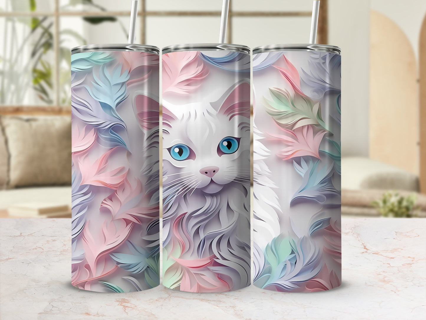 White cat face with blue eyes and pastel feathers pattern on tumblers.
