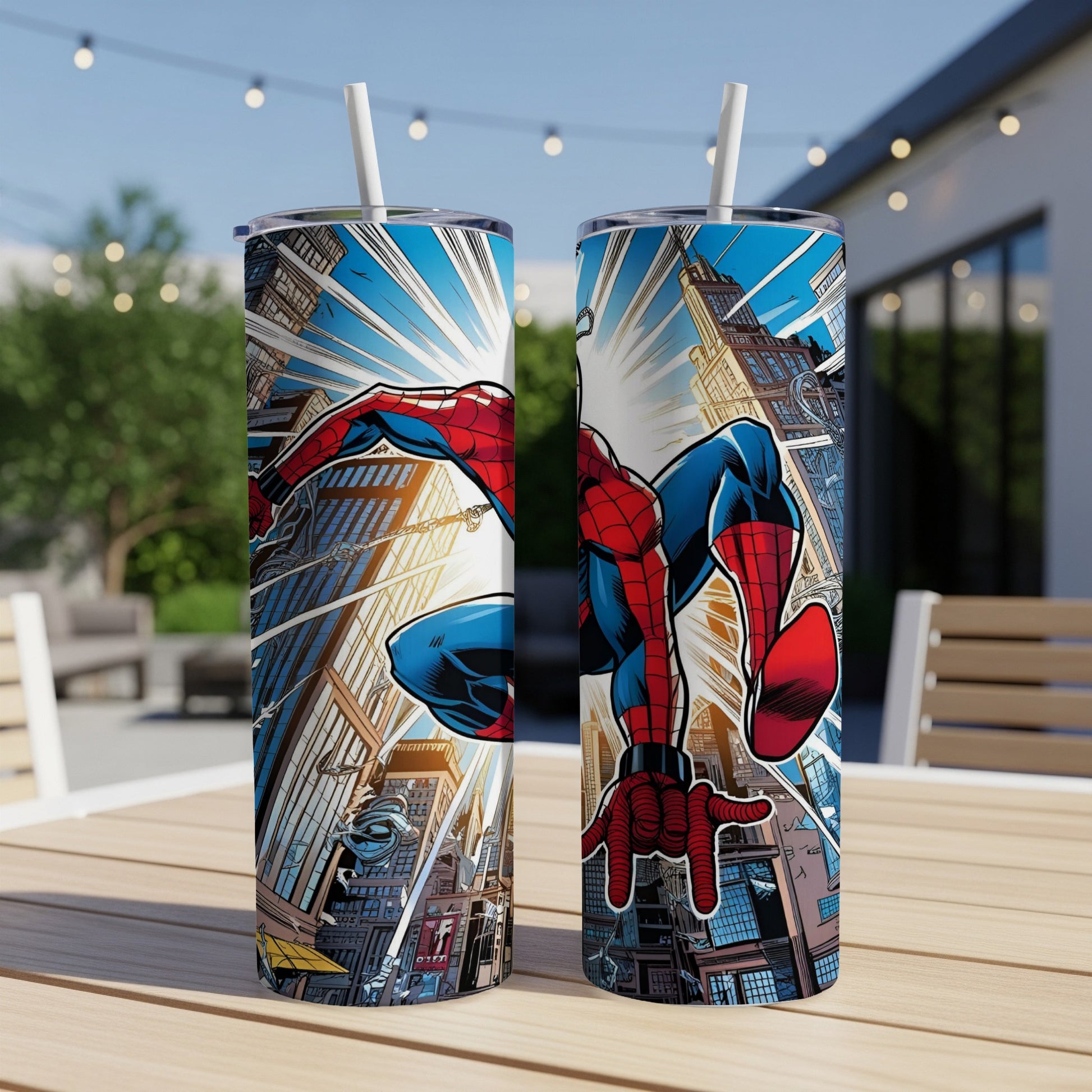 Spider-Man in action against a city skyline on a tumbler.