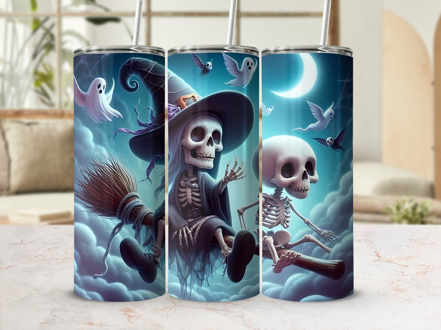 Three tumblers with Halloween skeletons and ghosts on a starry night background.