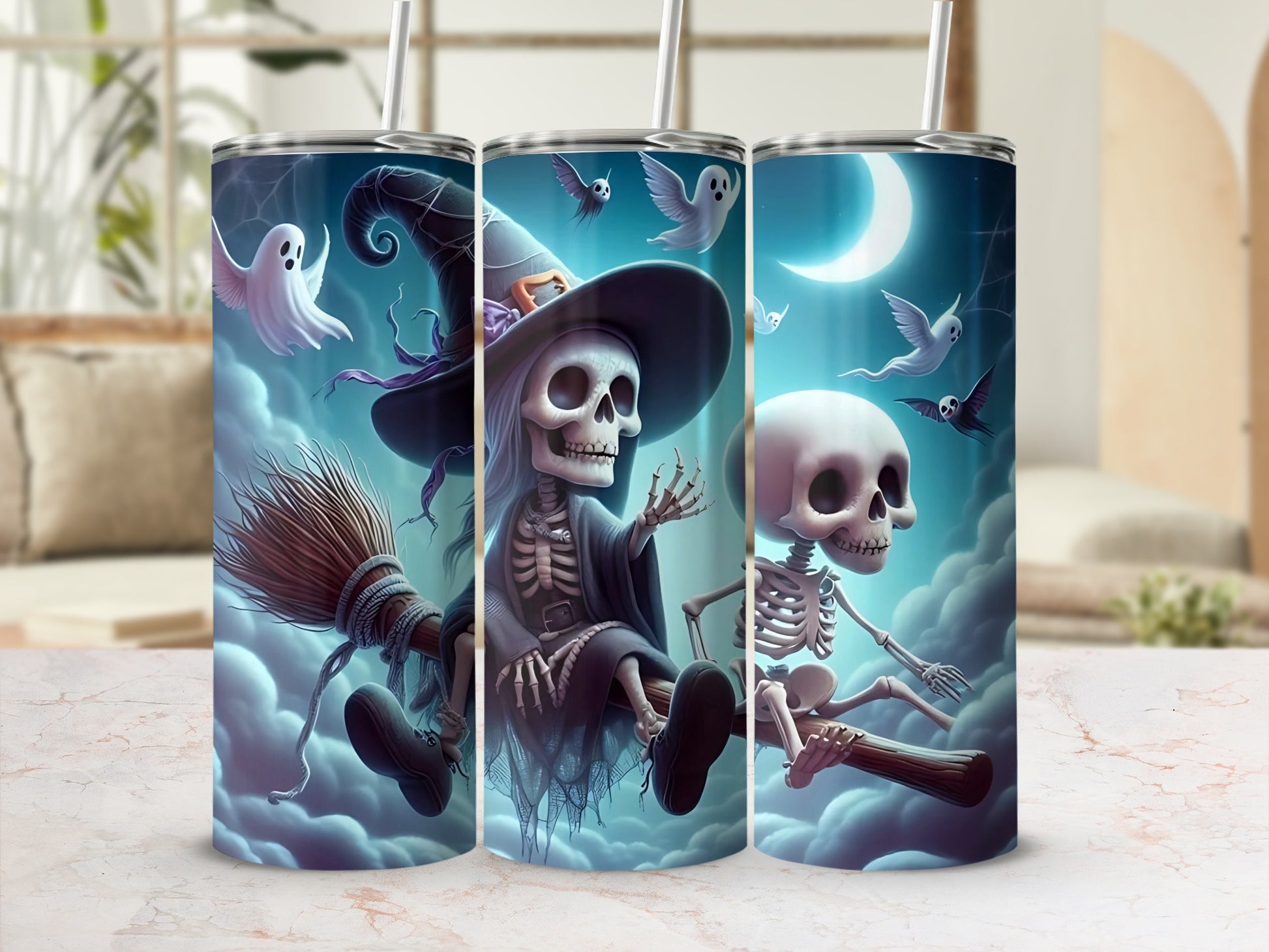 Three tumblers with Halloween skeletons and ghosts on a starry night background.