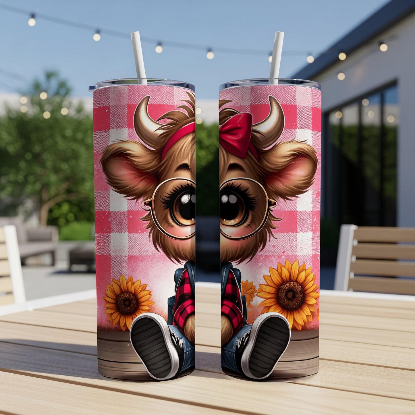 Cartoon cow with sunflowers and gingham pattern on a tumbler.