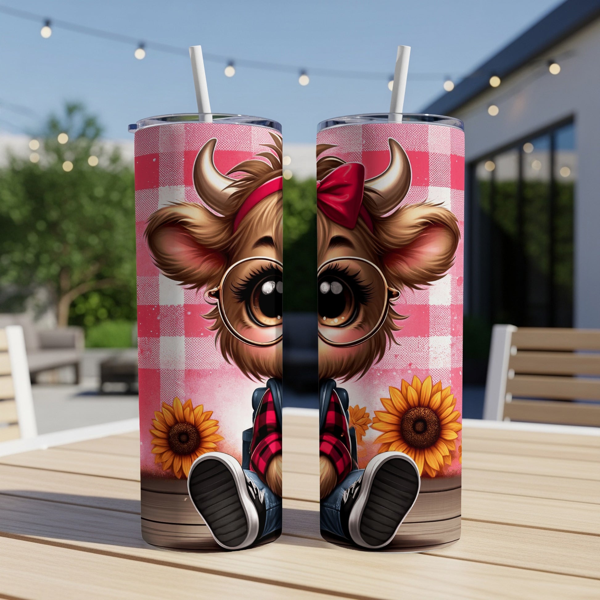 Cartoon cow with sunflowers and gingham pattern on a tumbler.