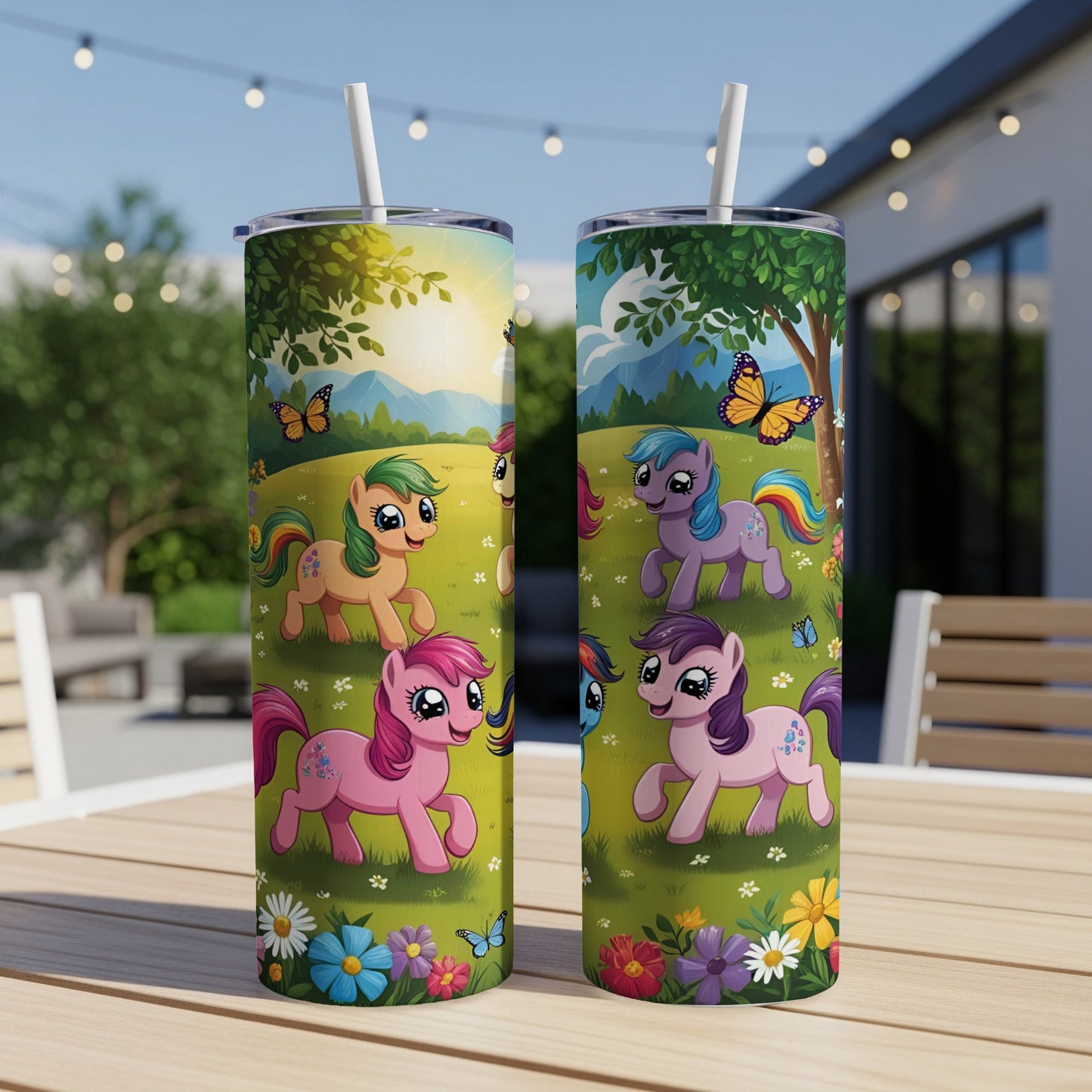 Two tall tumblers with colorful My Little Pony characters and floral designs.