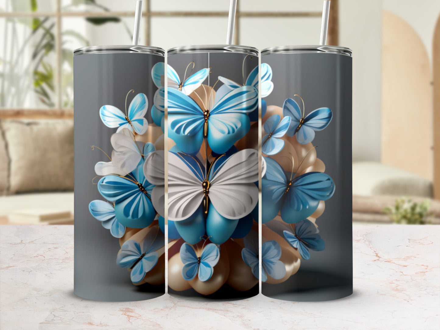 Three tumblers adorned with a cascading arrangement of blue and white butterflies.