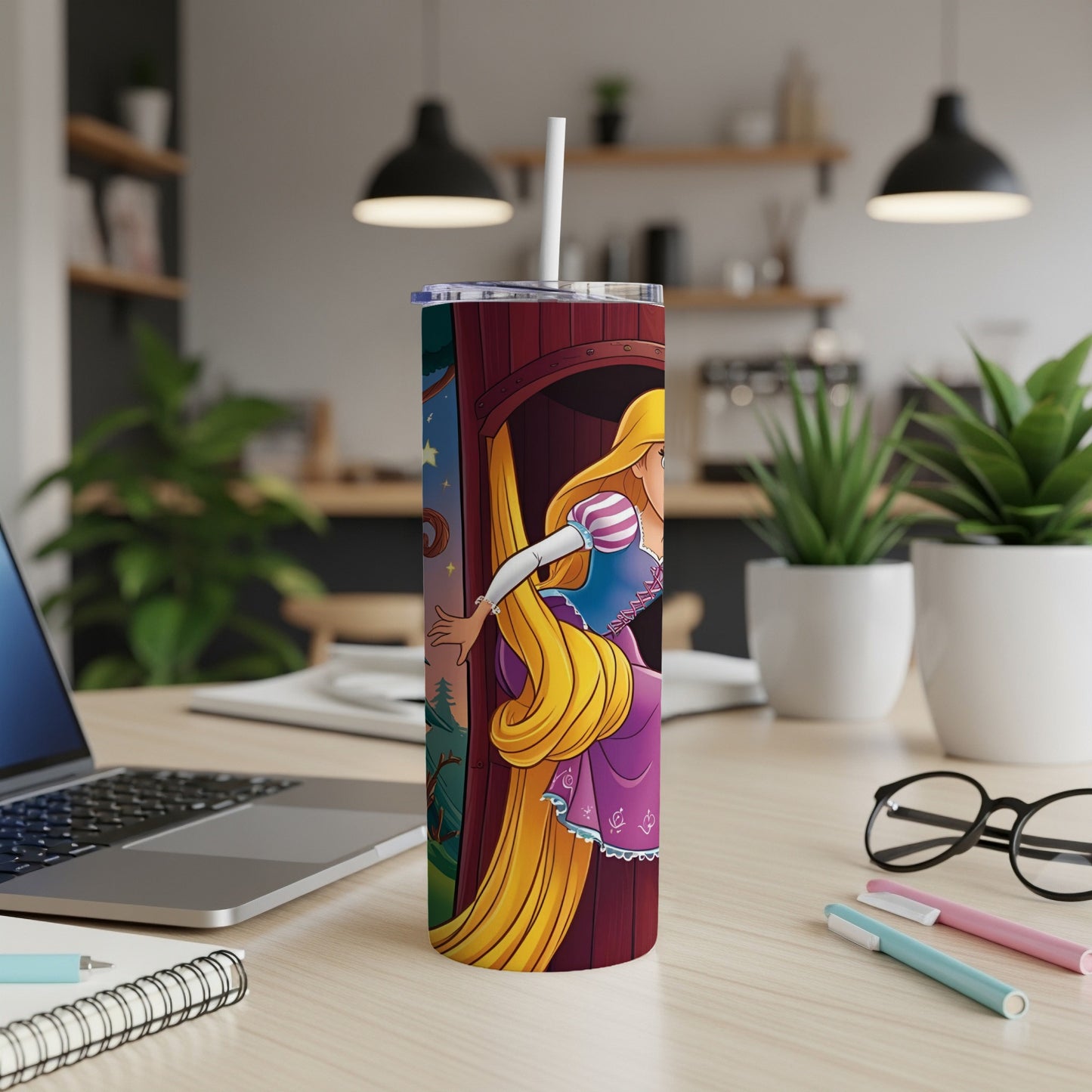 Rapunzel leaning out of a tower window on a purple and blue tumbler.