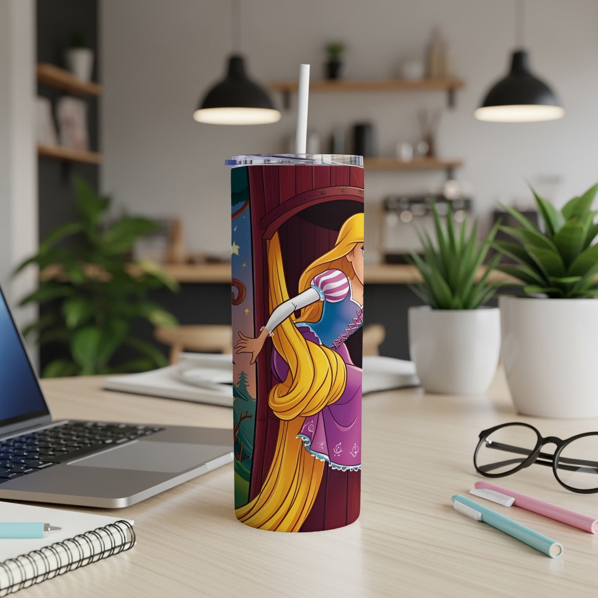 Rapunzel leaning out of a tower window on a purple and blue tumbler.