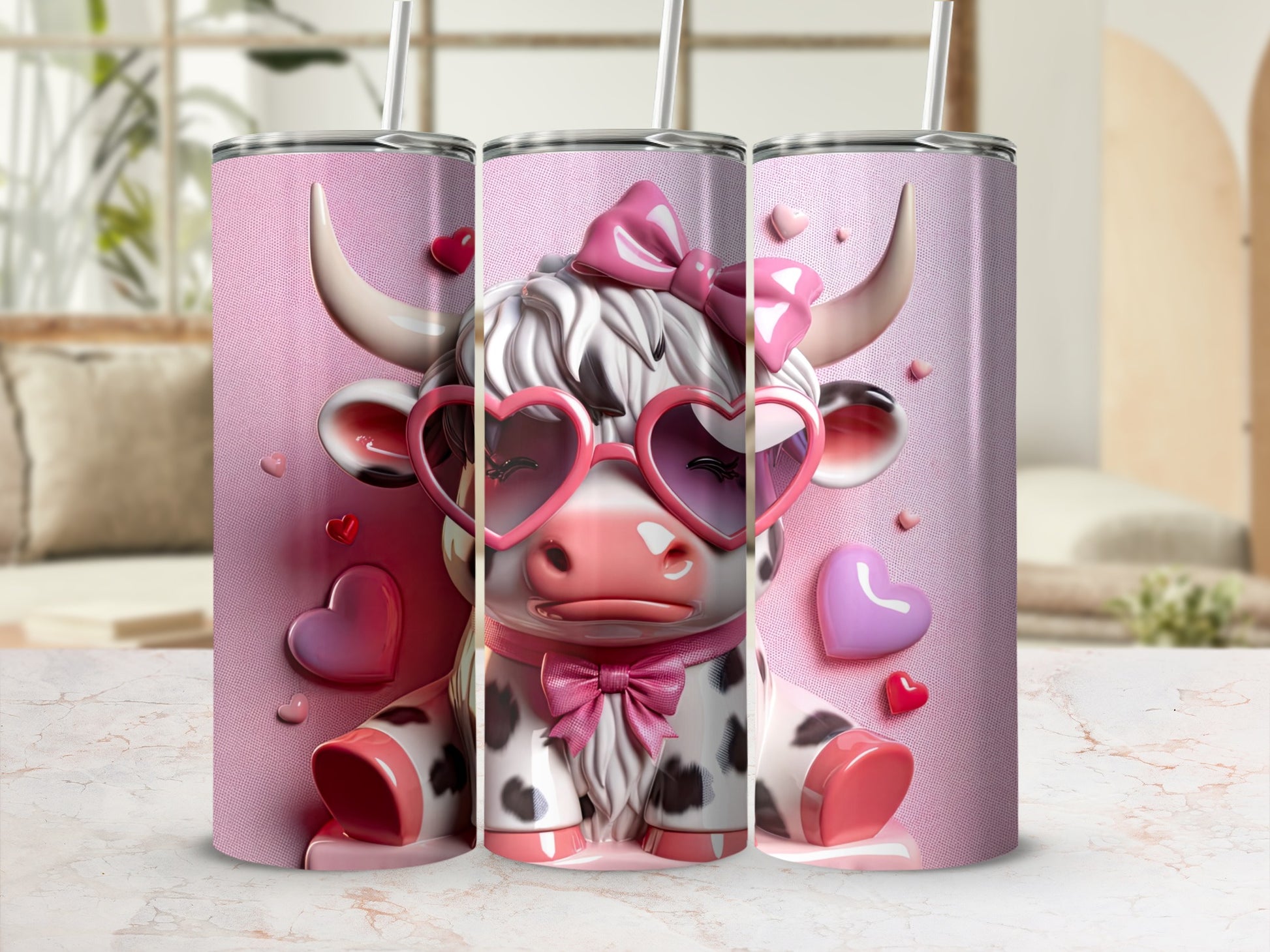 Pink cow tumbler with heart-shaped glasses and a bow.