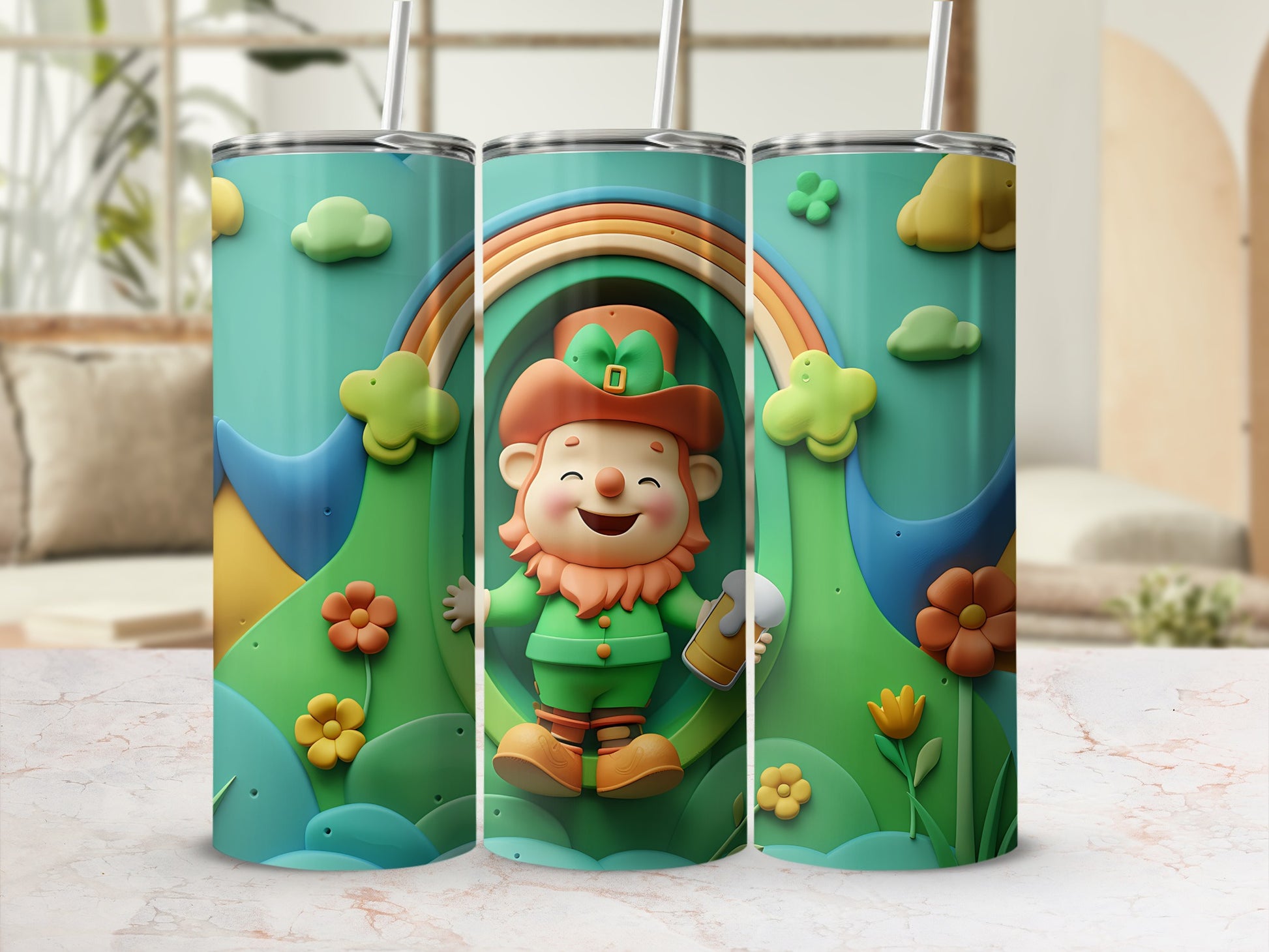 Three colorful tumblers with a leprechaun and rainbow design.