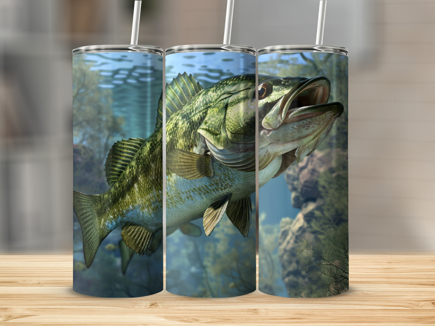Three tumblers featuring a realistic largemouth bass with open mouth.