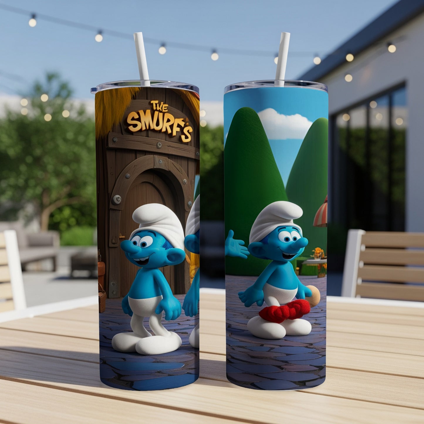 Two Smurfs tumblers with cartoon characters, one holding a red sausage.