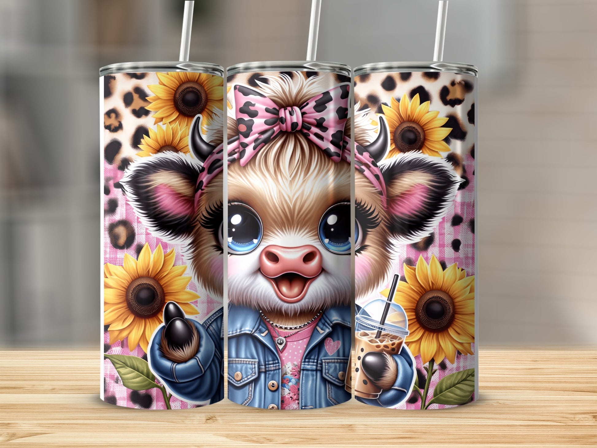 Cute cow in denim jacket holding iced coffee, surrounded by sunflowers and leopard print.