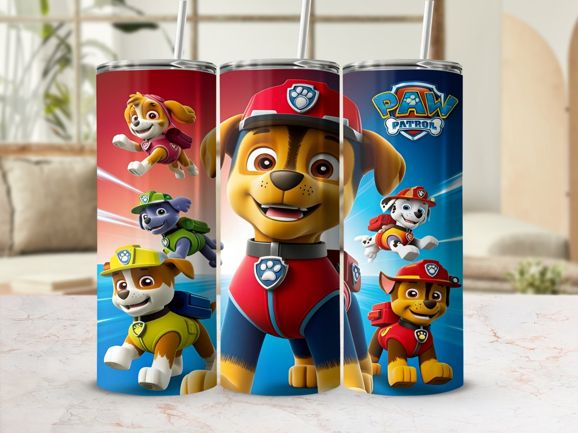 Paw Patrol characters Chase, Marshall, and Rubble on a tumbler.
