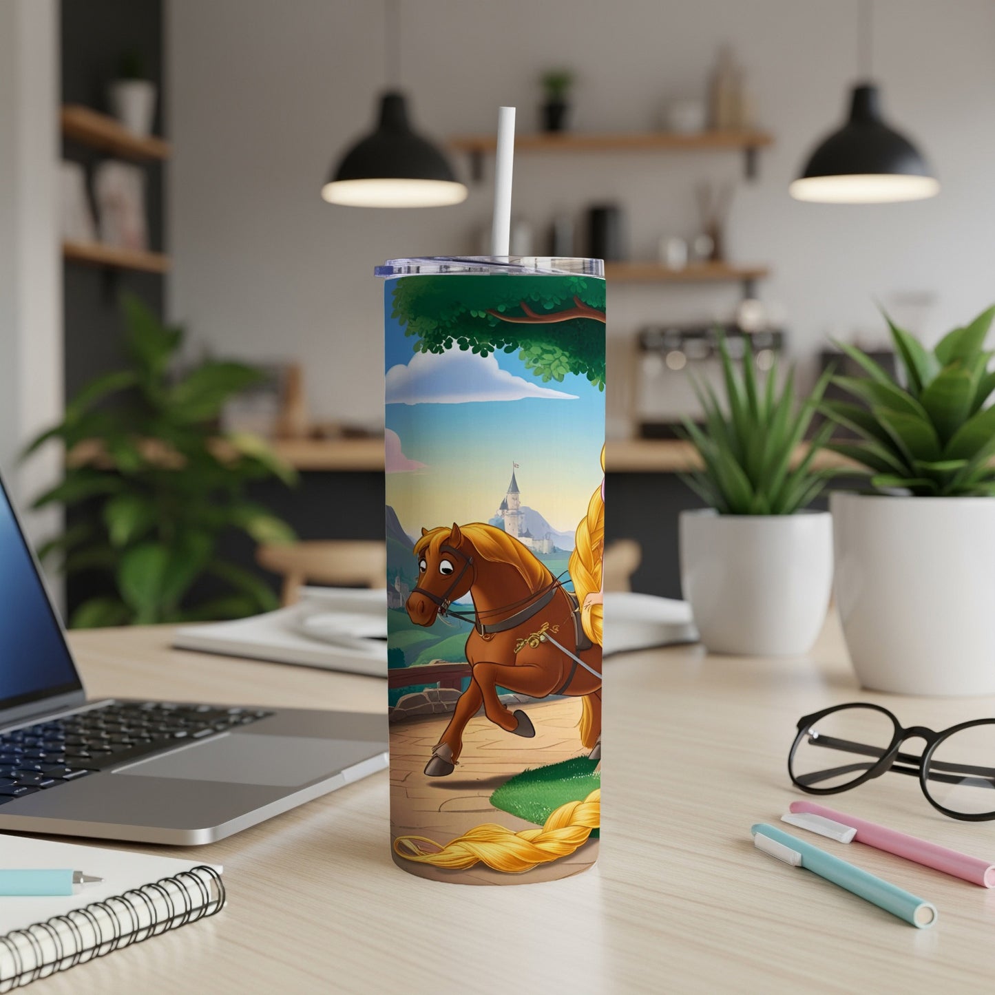 Cartoon horse with long braid on wooden path, beside a tumbler cup.