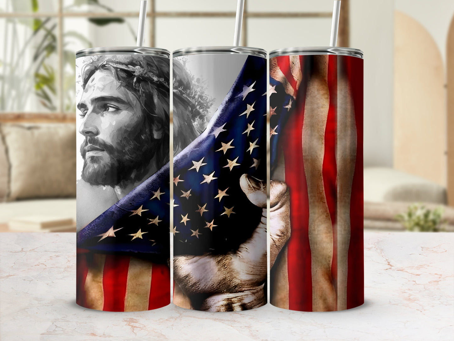 Jesus with a crown of thorns and American flag design on a tumbler.