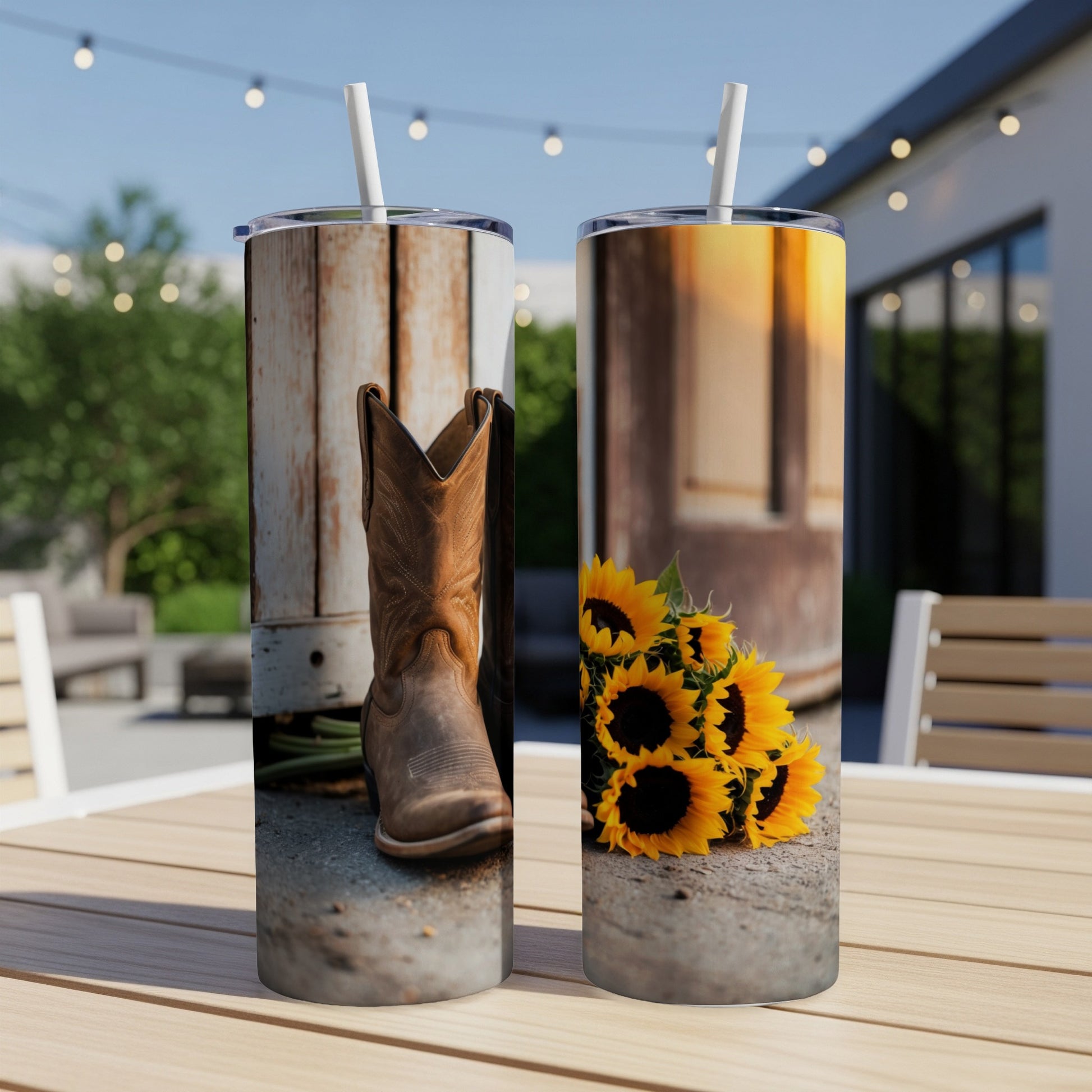 Cowboy boot and sunflowers on wooden table, outdoor setting.