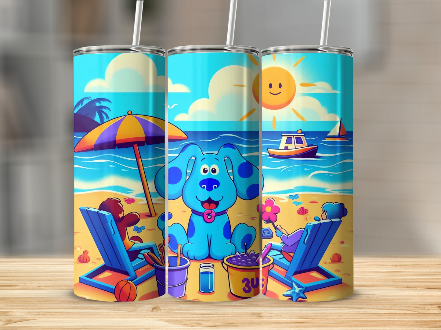 Colorful Beach Scene Blue Dog Design Tumbler Cup