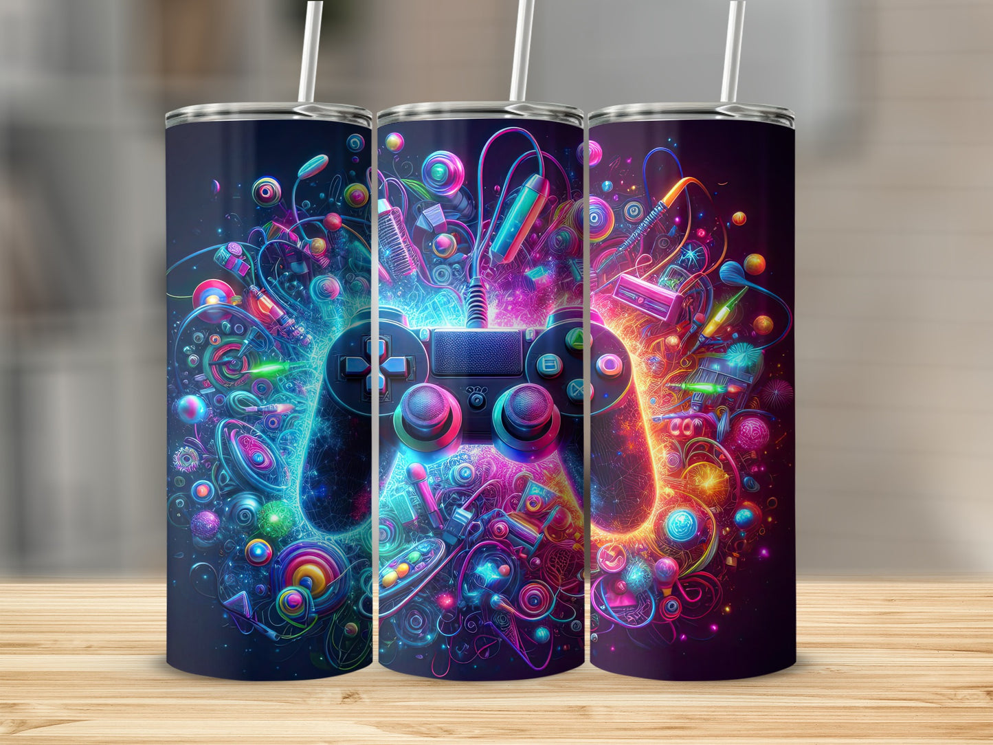 Three tumblers with colorful, abstract gamer-themed artwork.