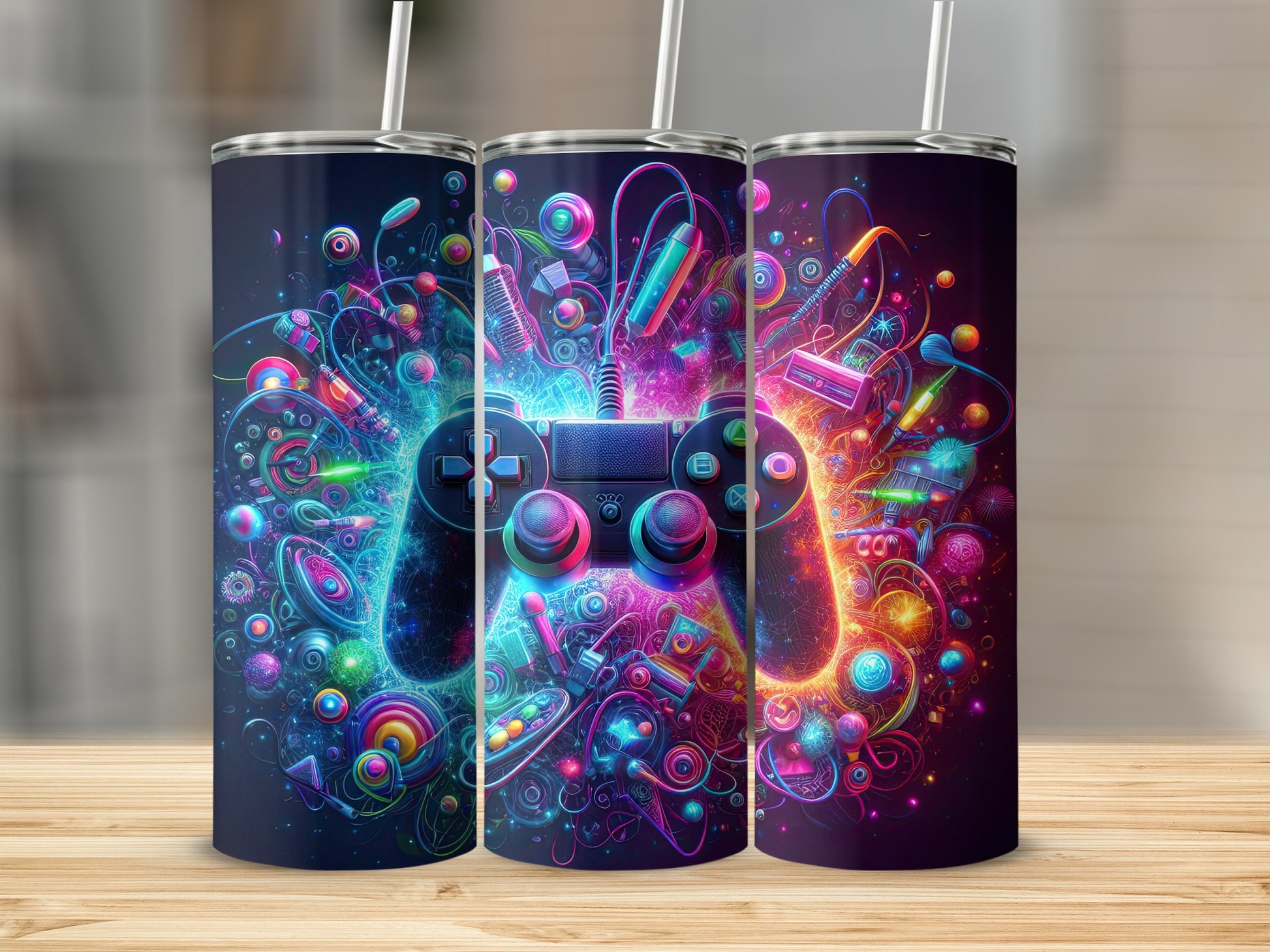 Three tumblers with colorful, abstract gamer-themed artwork.