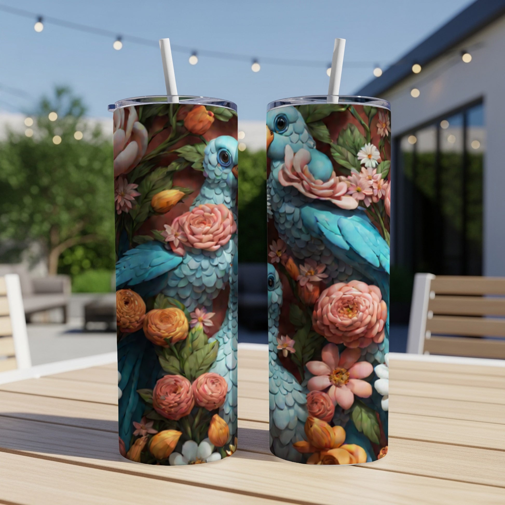 Two blue parrots amidst colorful flowers on tumblers.