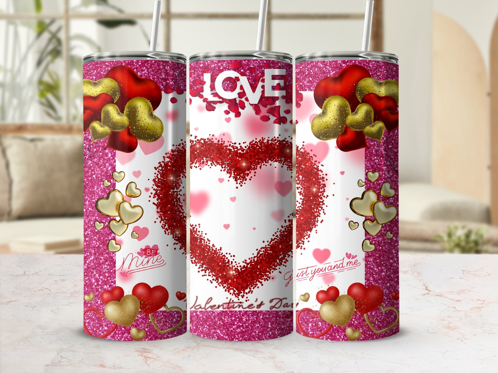 Love Heart Design Valentine's Day Tumbler with Straw