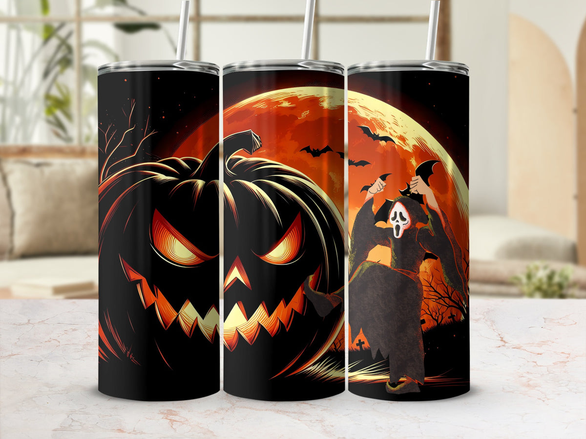 Three tumblers featuring Halloween art with a jack-o'-lantern and a ghost.