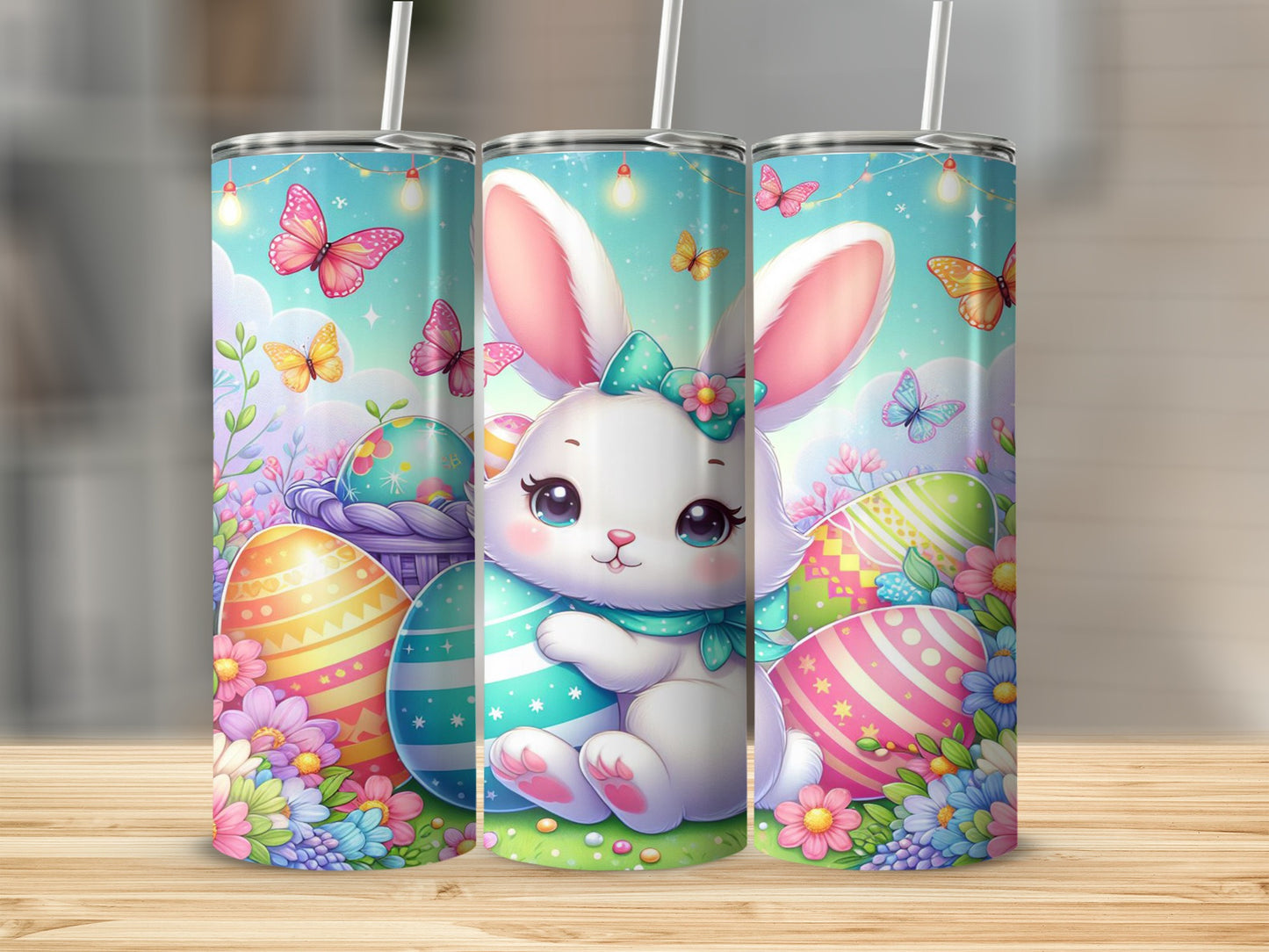 Easter bunny with colorful eggs and butterflies on a tumbler.