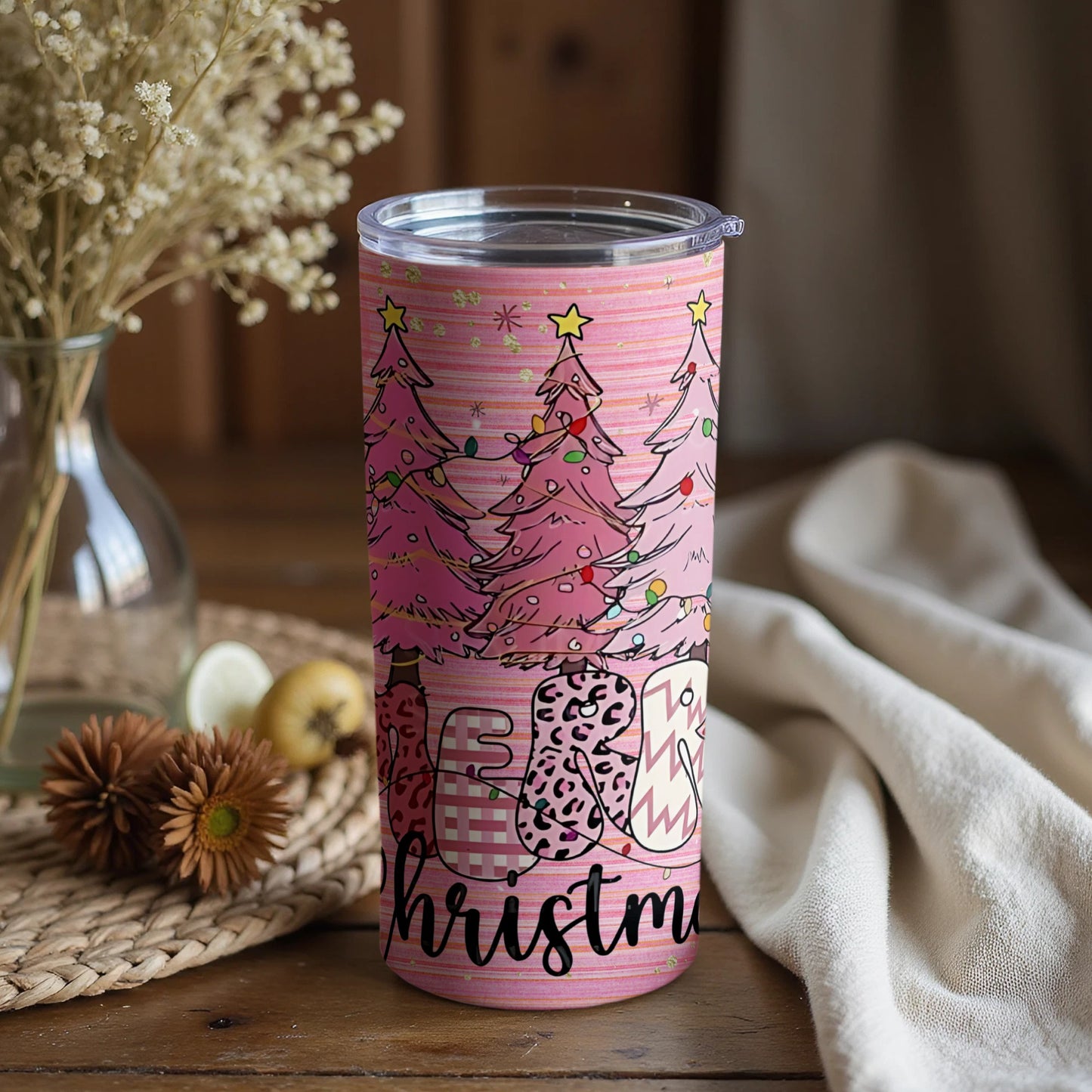 Pink Christmas Tree Travel Tumbler with Festive Print