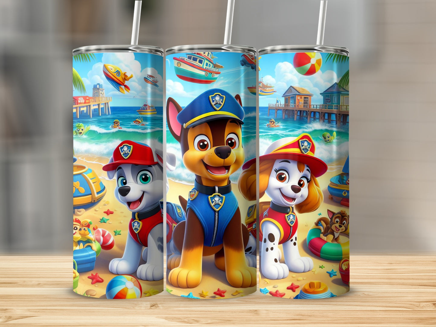 Colorful Beach Adventure Paw Patrol Kids Tumbler