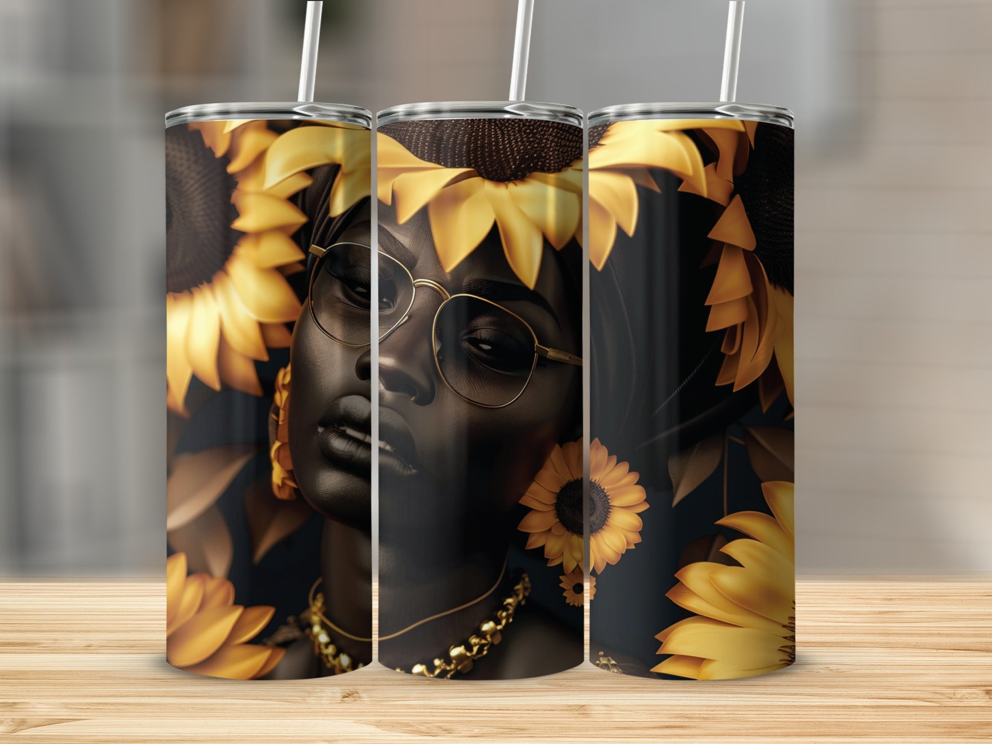 Woman with sunflowers and gold jewelry on a black background.