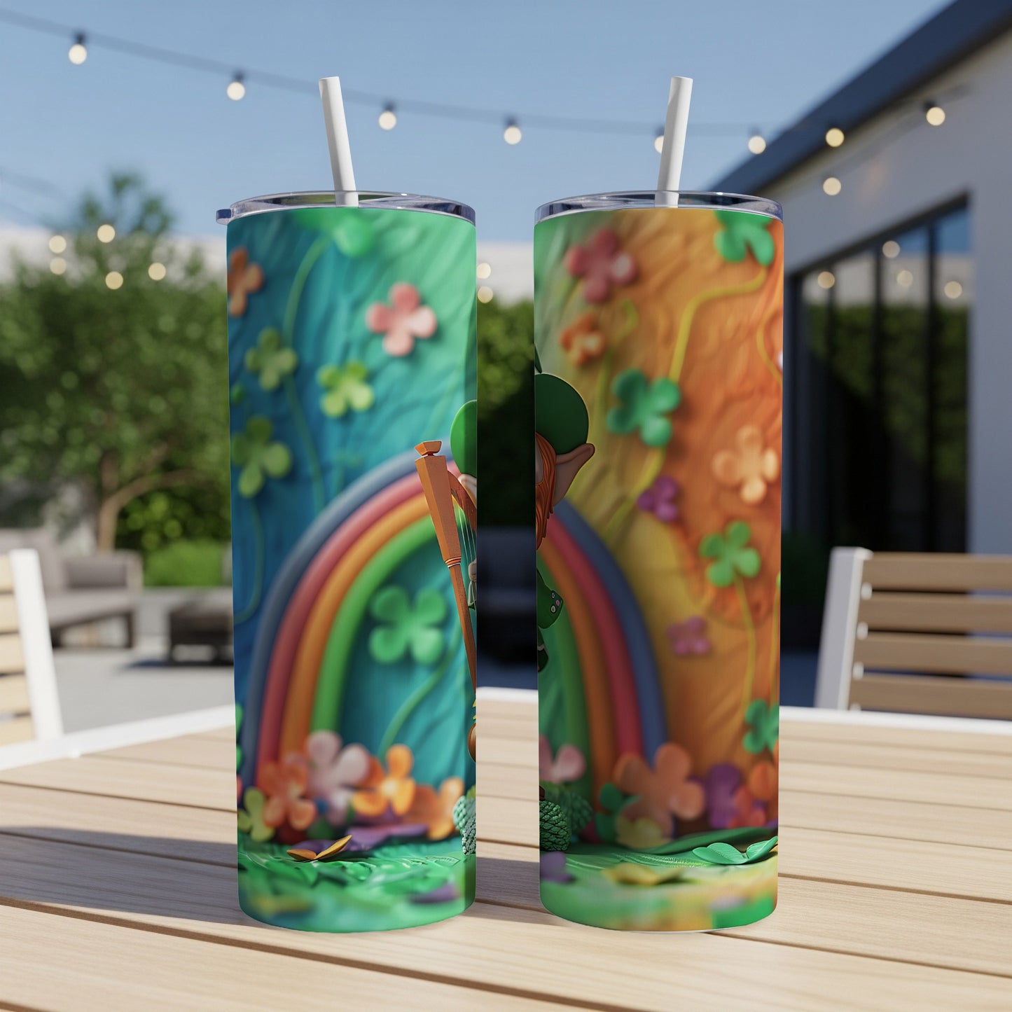 Two St. Patrick's Day themed tumblers with shamrocks and a rainbow.