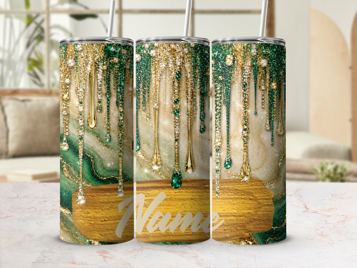 Three tumblers with green and gold marble design and dripping jewels, with space for a name.