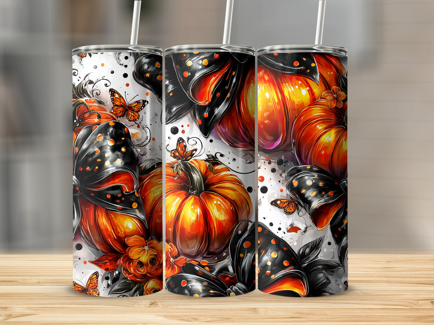 Artistic Pumpkin and Butterfly Decorated Tumbler