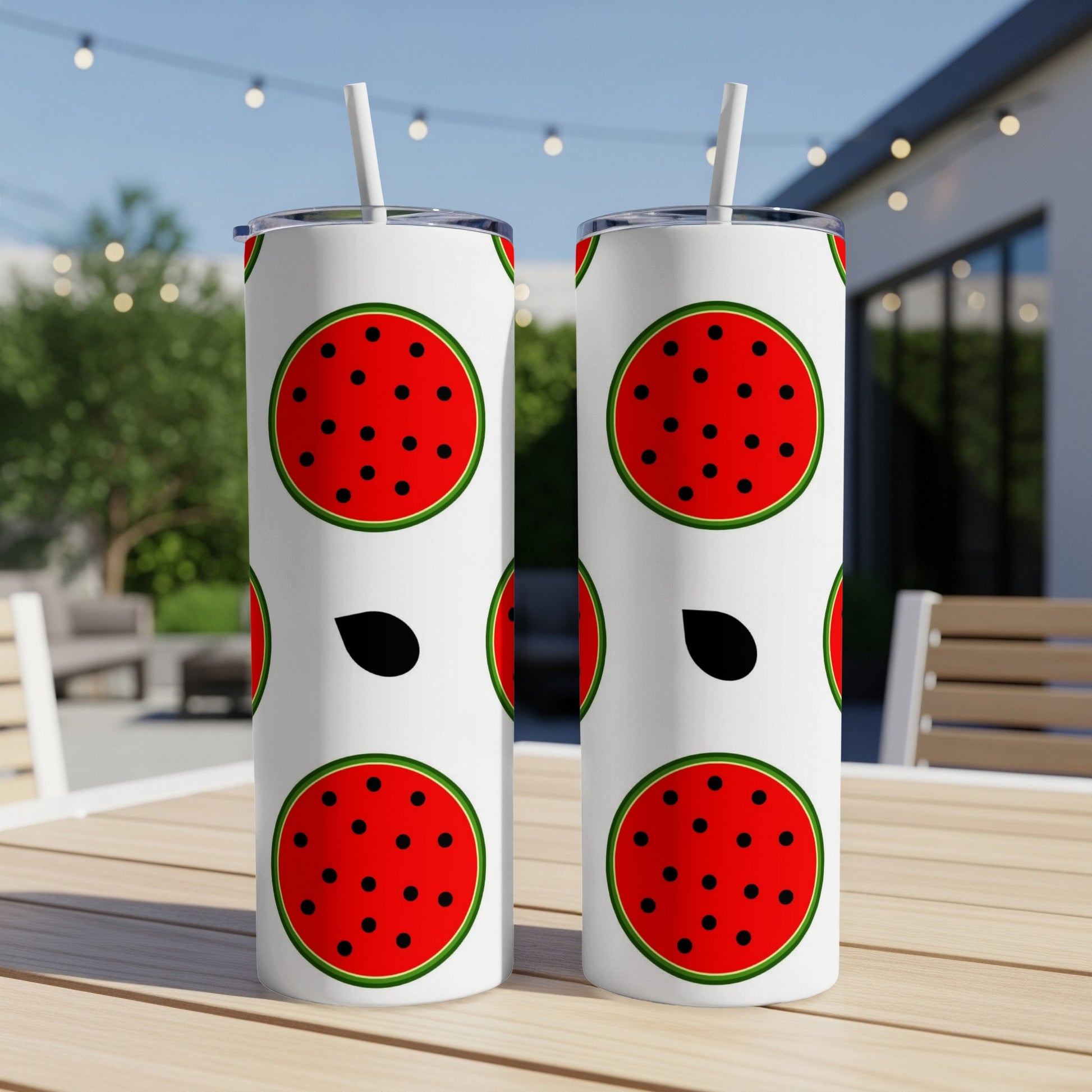 Two tumblers with a repeating watermelon slice and seed pattern.