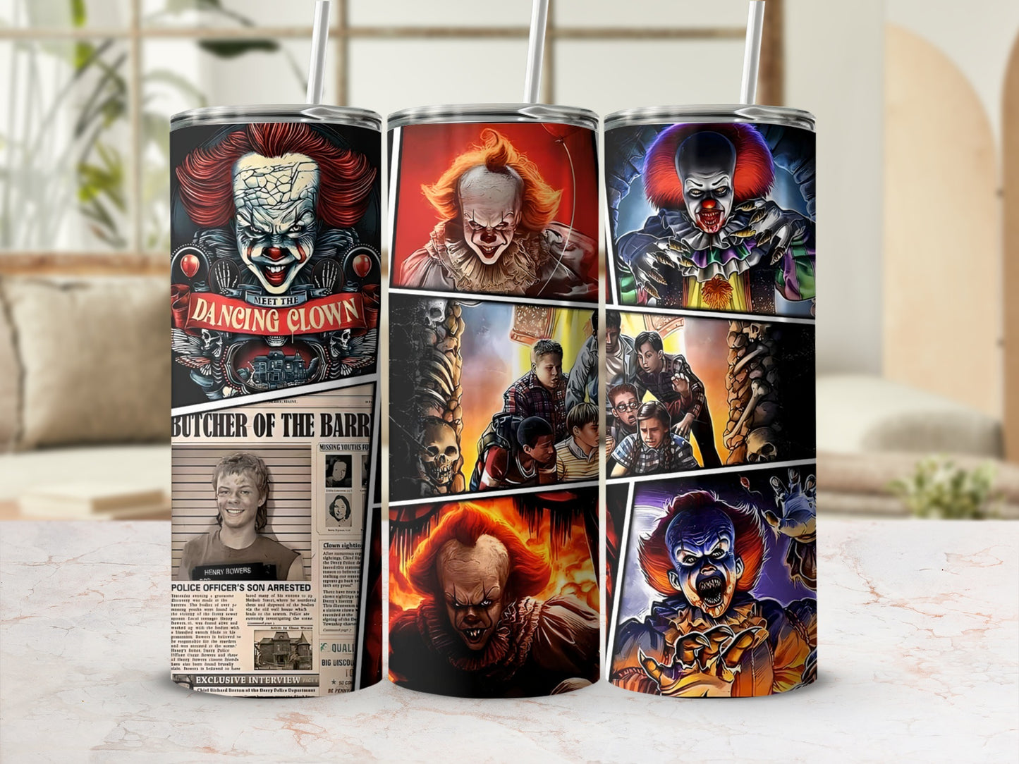 Three tumblers featuring clown artwork, a newspaper clipping, and horror movie characters.
