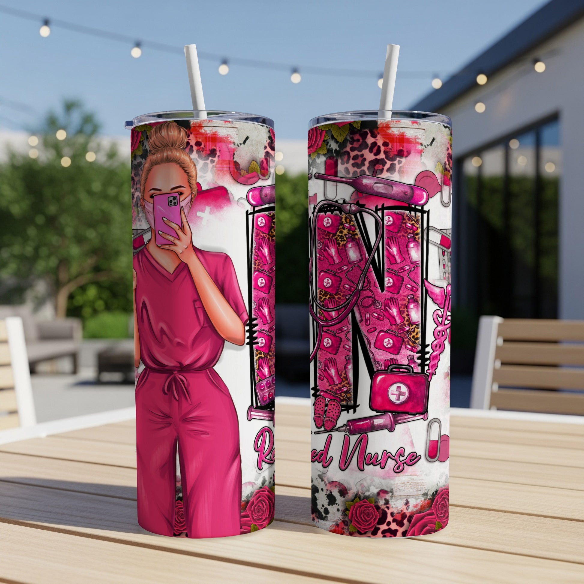 Pink tumbler with nurse-themed graphics, including a woman taking a selfie.
