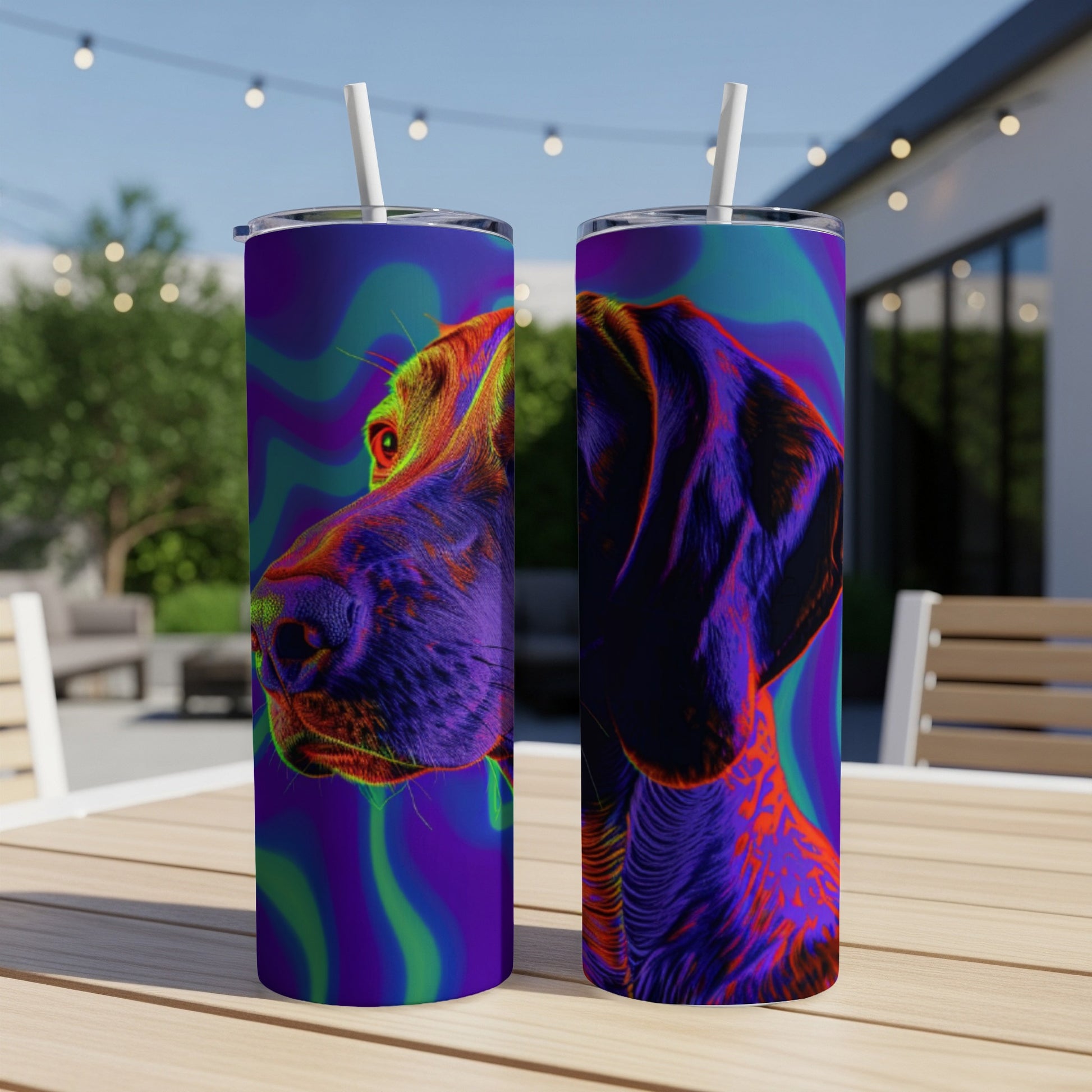 Two tumblers with a colorful, abstract dog portrait on a patio table.