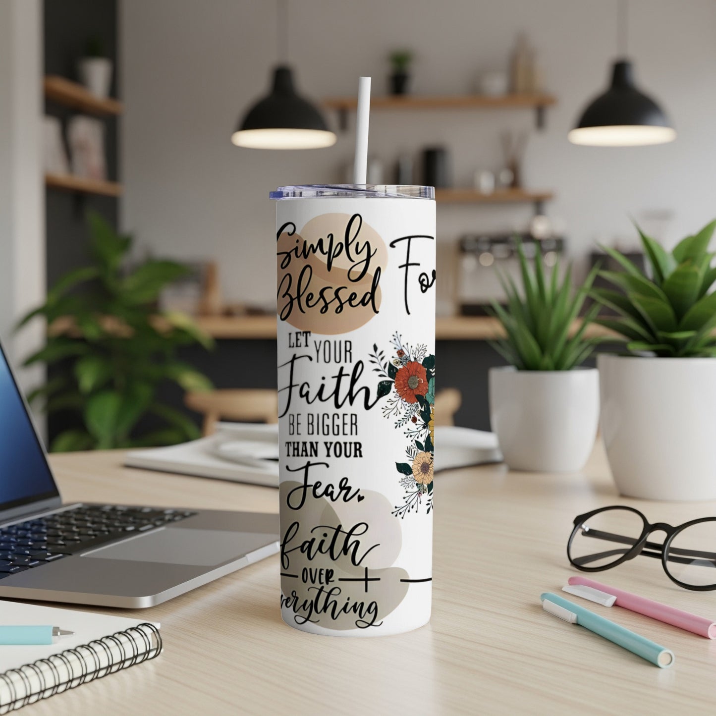 Simply Blessed tumbler with floral accents and inspirational text.