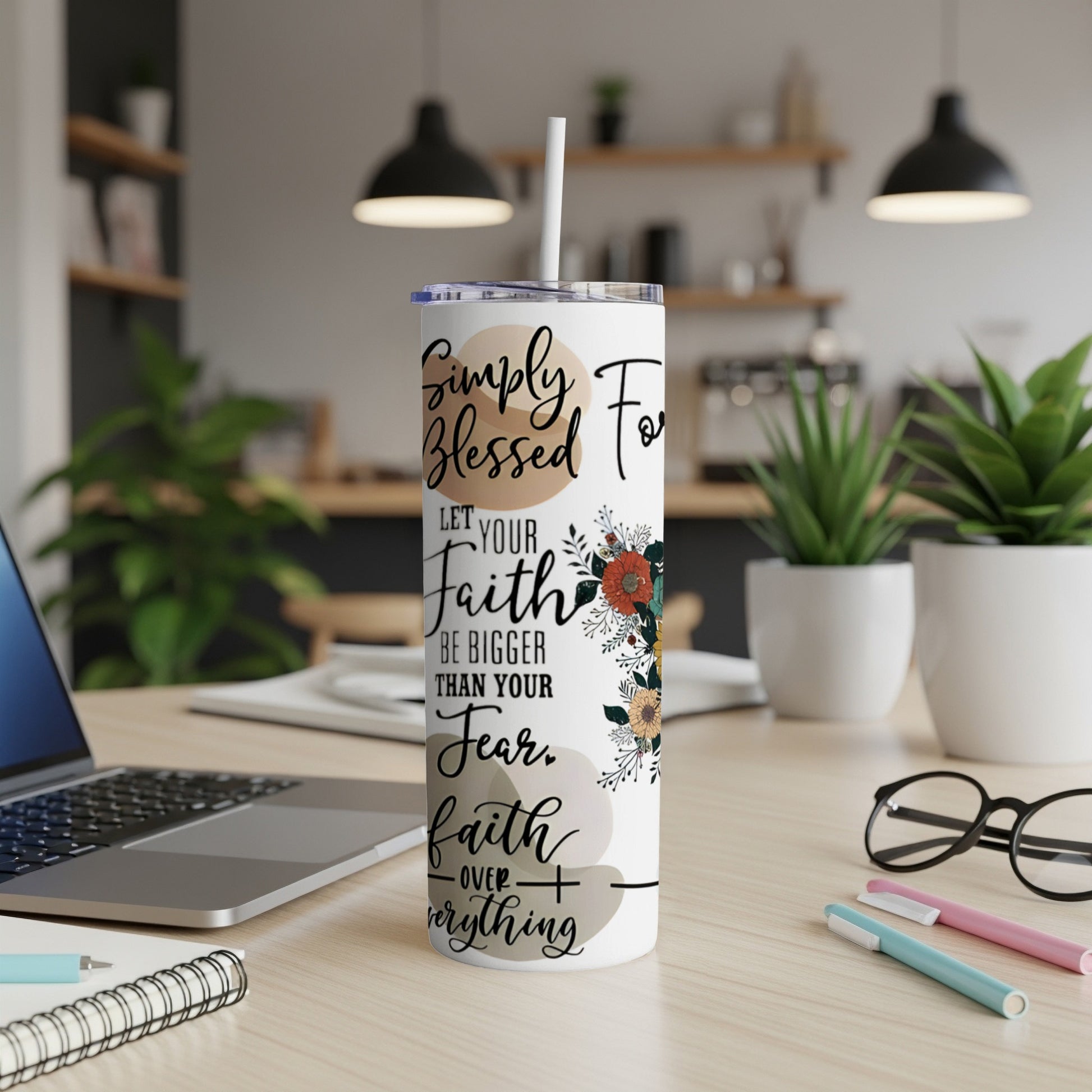 Simply Blessed tumbler with floral accents and inspirational text.