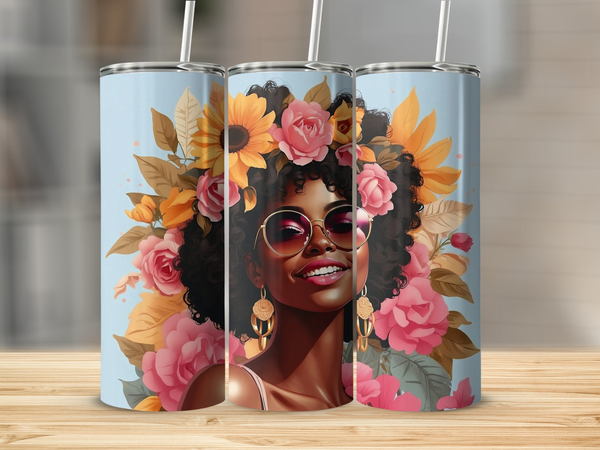 Tumbler with floral crown and smiling woman wearing sunglasses and large earrings.
